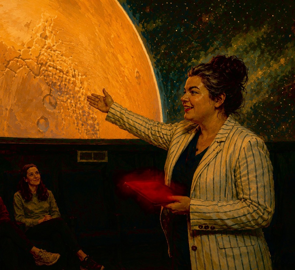 A digital painting of a planetarium presenter gesturing toward a glowing planet while an audience member looks on
